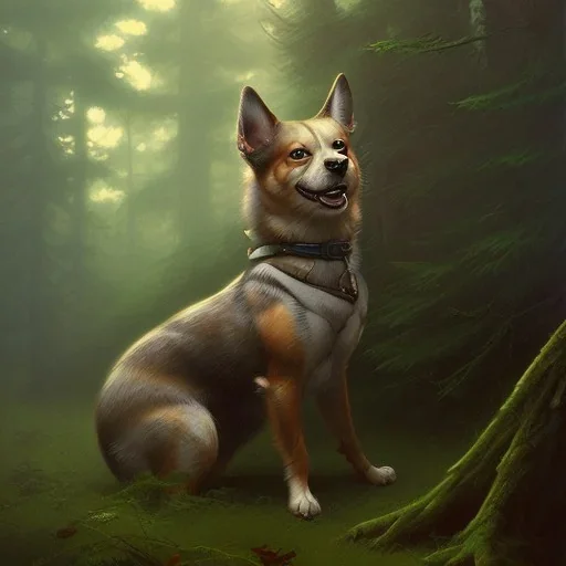 frank frazetta style, cute dog in the forest clearing