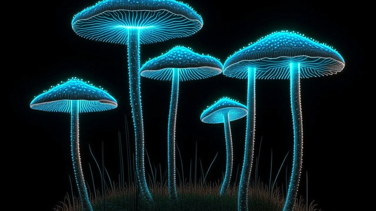 tall narrow delicate detailed mushrooms, with umbrella caps, phosphorescence glowing in the night