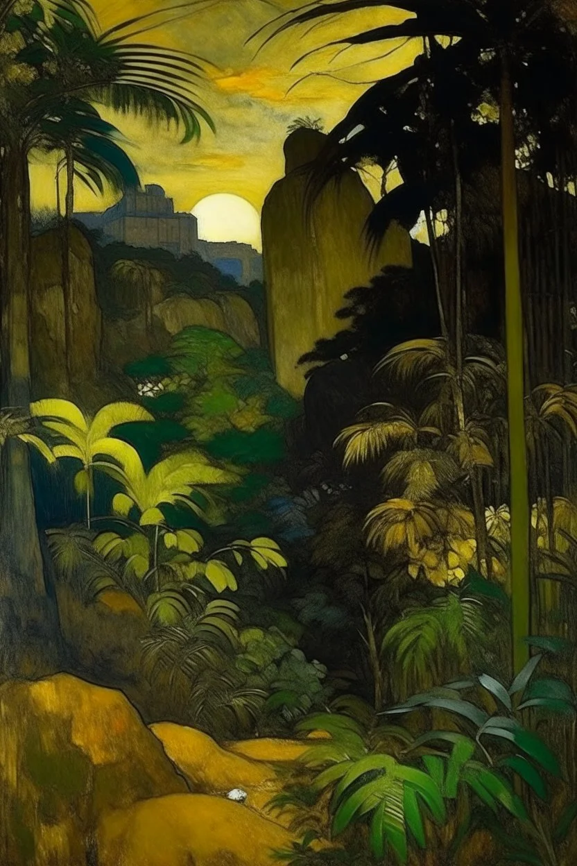 A dark gold rainforest near a big city high rise buildings surrounded with rocks, painted by Paul Gauguin