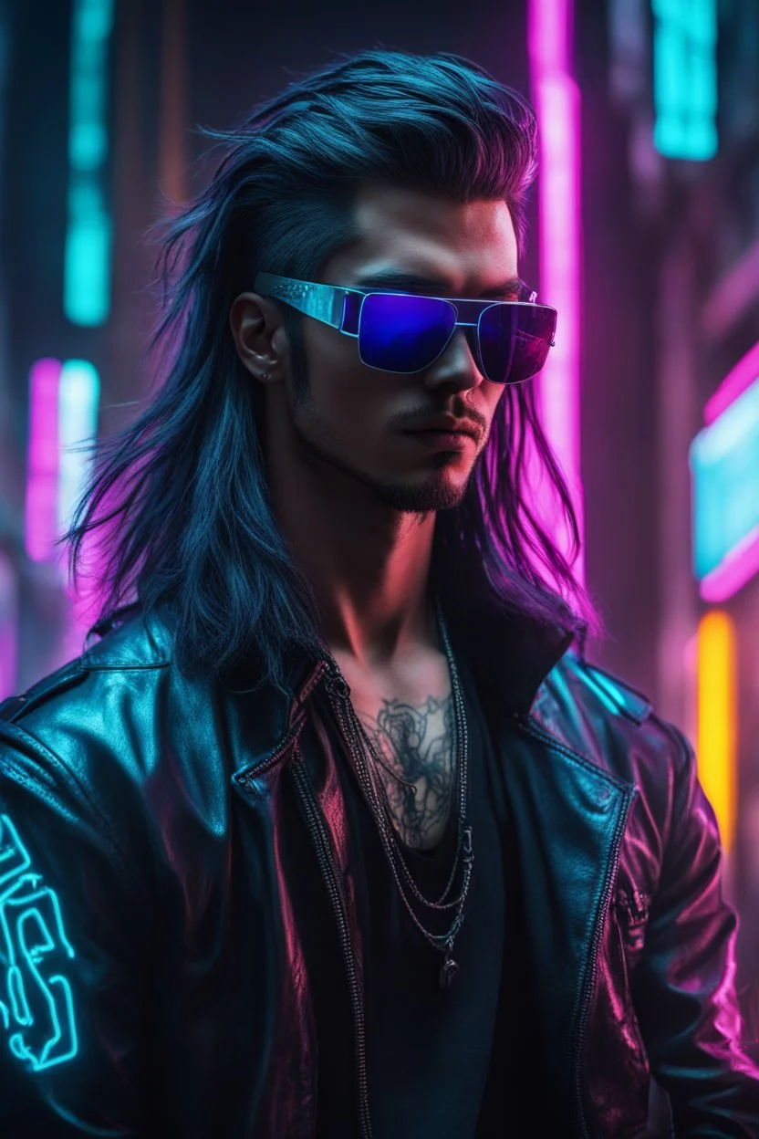 male cyberpunk solo with long hair, korean, Wearing Urban Gang Flash and mirrored dark sunglasses, suave, strong, black tatoo, attrakvtive man, Retroanime, rembradt lighting, neon complementary colors, dark vibe, scifi