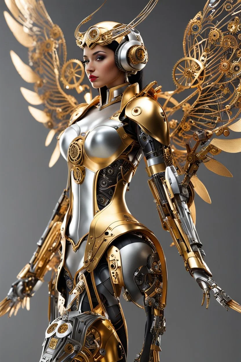 Full body photography of Lady Angel cyborg straddle wings, detailed, intricate,gears cogs cables wires circuits, gold silver chrome copper