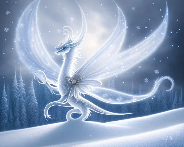 mdjrny-v4 style, a white dragon with fairy-like transparent glowing and shining wings standing in snow, full body, silver lightning, glowing soft and smooth wings, realistic, highly detailed intricately detailed, shiny snowy background, soft studio lighting, trending on artstation, by artist "Julie Bell", by artist "Greg Rutkowski"