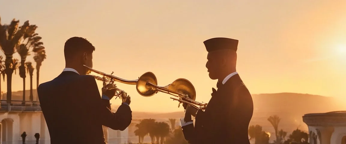 panoramic ,brass orchestra playing outside a beverly hills style mansion, exterior photography of a romantic and bright house, 8k, ultra HD