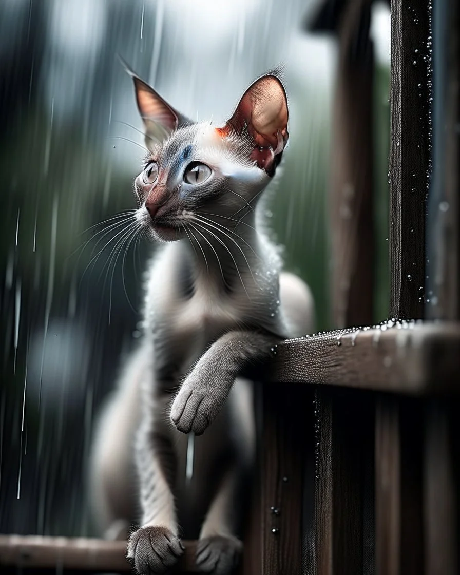 Baby blue eyed Oriental shorthair Siamese cat perches precariously on the slick, glistening rainy fence, each individual raindrop pitter-pattering around it like a delicate symphony. Its fur, glistens under the sparse light that filters through the thick, grey clouds, droplets clinging to its soft coat like tiny jewels. The animal tilts its head upward, its big, expressive amber eyes wide with curiosity, seemingly mesmerized by an unseen spectacle just beyond the frame.