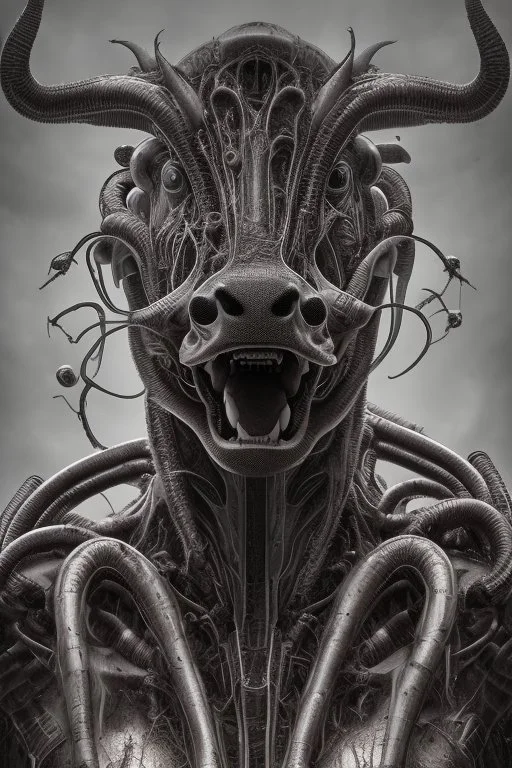 portrait of a cow in (H.R giger) style with lots of alien tenticles being held at gun point in a grungy toilet from new york subway