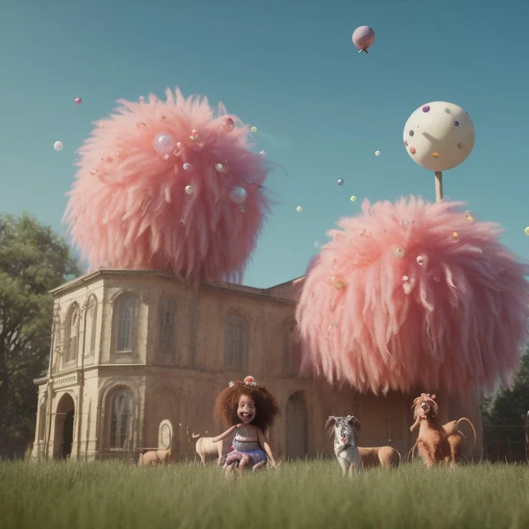 Ultra realistic circus scene. Sweet big hair monster. Child’s playing, smile, happy, color bubbles, smooth color, waist up view, Wes Anderson style, dark ambient, highly detailed, concept art, unreal engine 5, god rays, ray tracing, RTX, lumen lighting, ultra detail, volumetric lighting, 3d, finely drawn, high definition, high resolution.