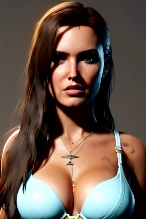 portrait busty and face, camilla luddington abandoned, big busty, T-shirt lara croft clothes