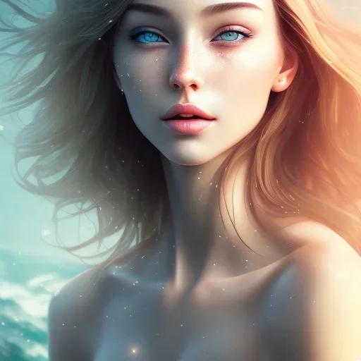 Insanely portrait of beautiful girl, beautiful face, sunny, relaxing, sea, trees, glossy, real details, hyper ultra photo realistic, anime style, glowing landscape, 8k