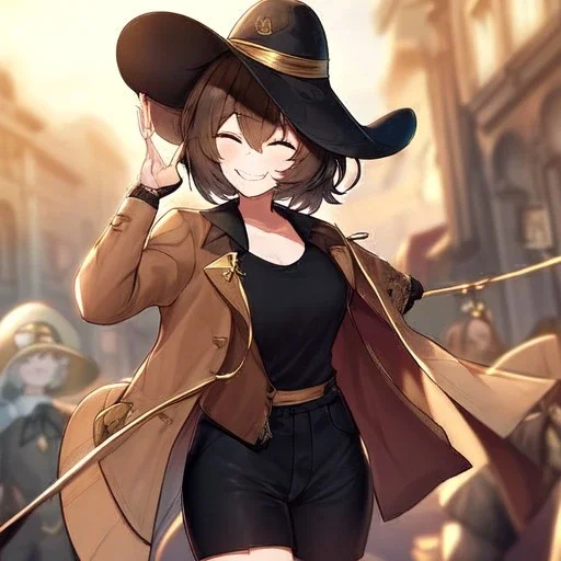 Clear focus, High resolution, short brown spiky hair, hair between eyes, eyes closed, wearing a brown detective hat, wearing a brown jacket and a black shirt, wearing black shorts, 1girl, pulling hat down, smiling