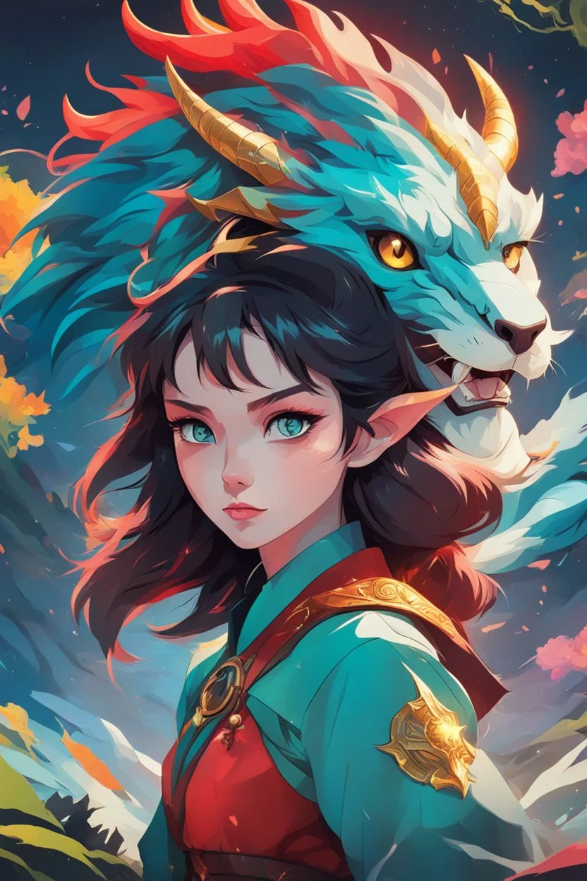 A dragon mixed with a mythical lion and a human female elf.Dramatic and powerful look and feel. Extensive attention to details. Bold lines. Vivid colors. 80s style retro anime art. Double exposure. cartoon style. abstract atyle