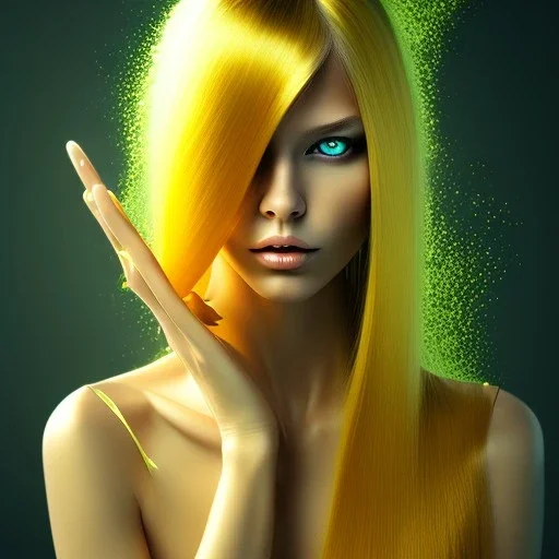 glass of liquid, face lift, book cover, long yellow shiny hair