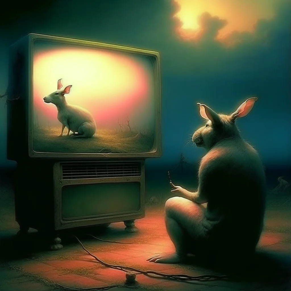 pig watching a tv with a rabbit playing music beksinski style