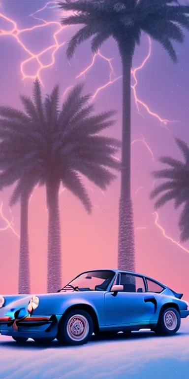 1980's aesthetic vaporwave palm trees with porsche in the winter snow with lightning