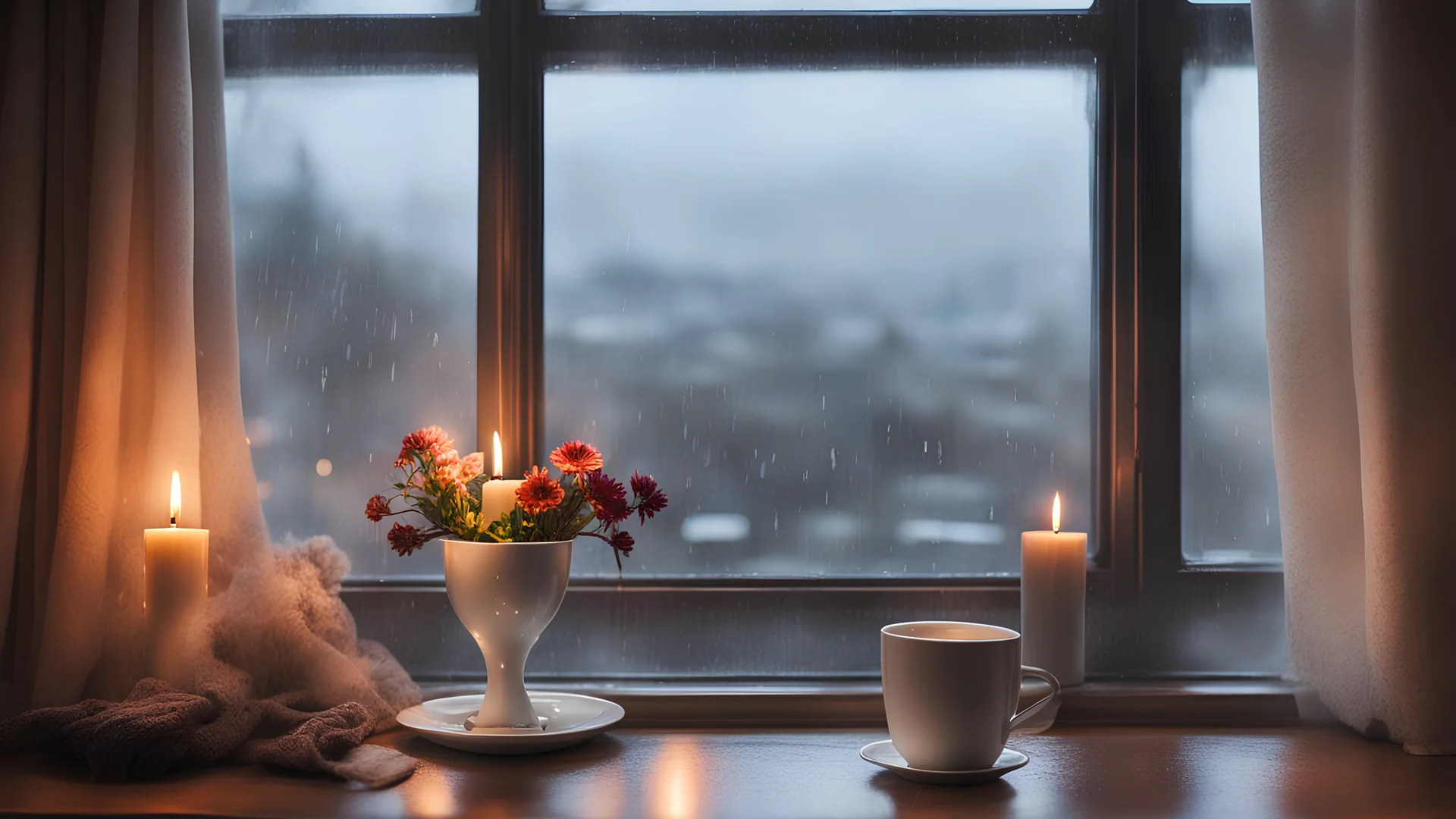 cozy living room window, looking out into the rainy stormy street, car headlights and street lights can be seen outside from the window, one candle burning on the windowsill, a steaming mug of coffee sitting nearby- you can see the steam vapors rising from the cup, a small vase of flowers sitting against the window, beautiful curtains drape around the window, an open book sitting nearby on the windowsill next to everything, add vibrant colors