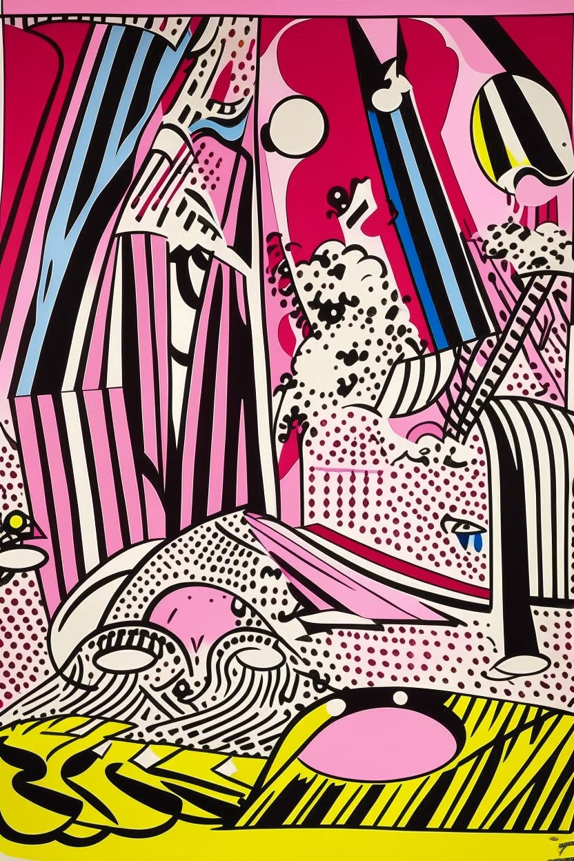 A pink magical circus with runes painted by Roy Lichtenstein