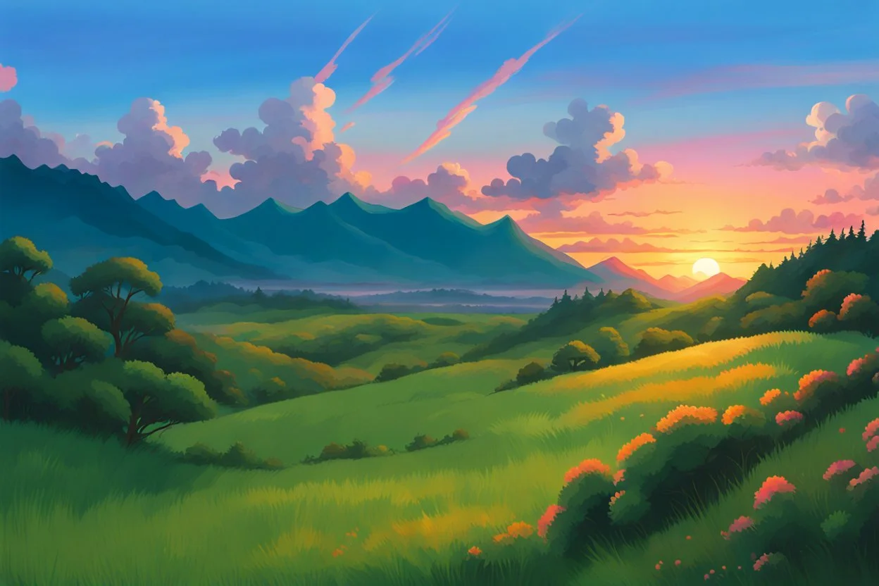 It is a scenic landscape with a lush green meadow, rolling hills, and a vibrant sunset sky with colorful clouds. The background features a range of mountains silhouetted against the warm orange and pink hues of the setting sun. like Studio Ghibli and oil painting