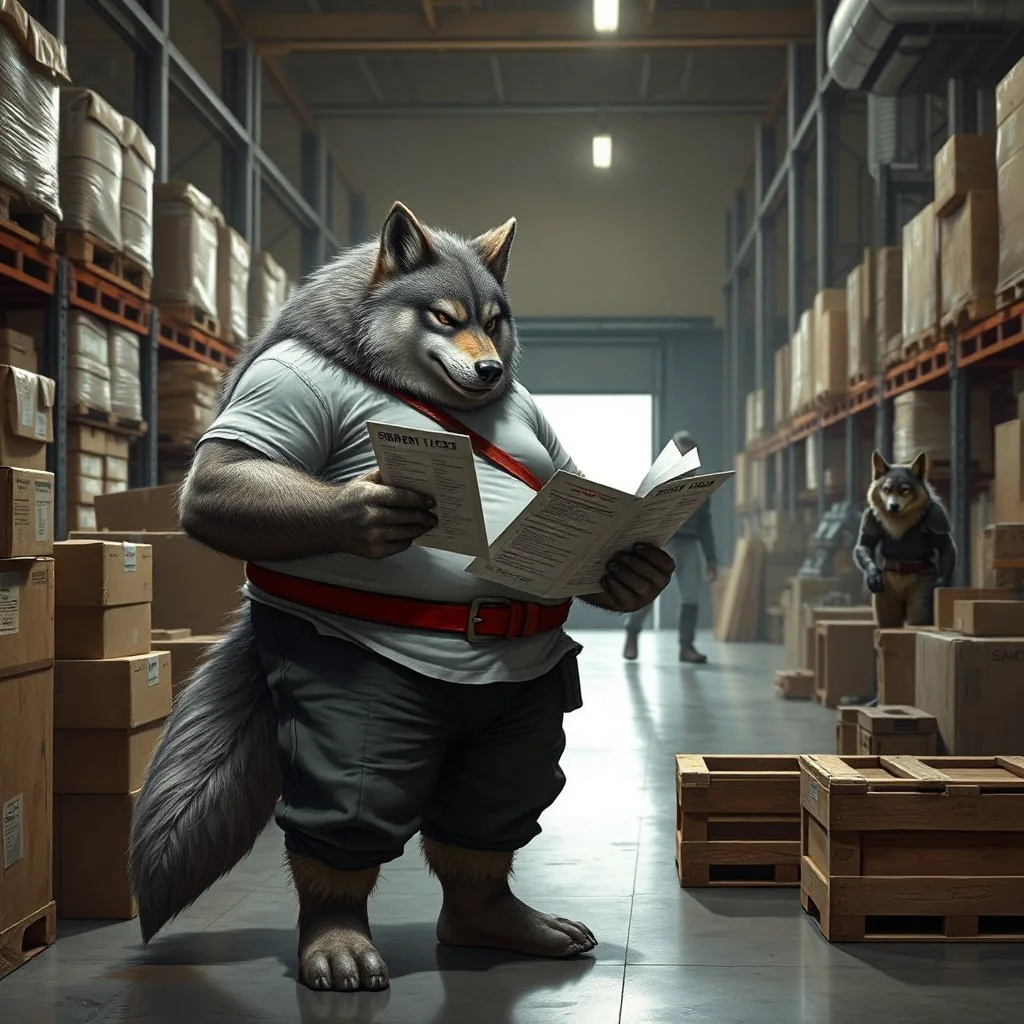 a fat anthropomorphic wolf-man wearing t-shirt pants and red belt around his waist looking at several item lists in his paws in a large warehouse, around some boxes and wooden crate, an another anthropomorphic wolf-man just half visible in the doorway as he looks at him, detailed, realistic, sci-fi, anthro mood, fantasy