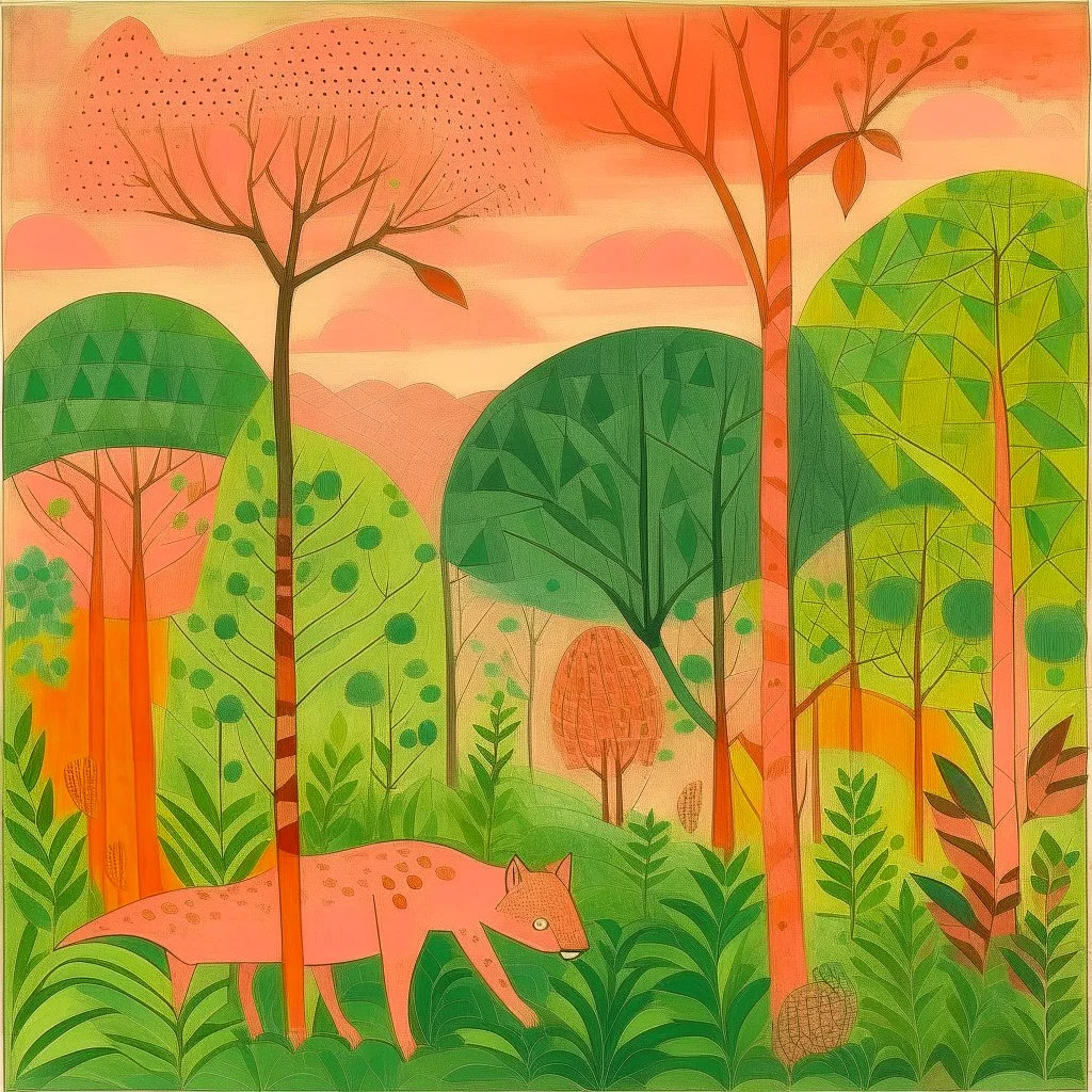 A light rosy orange rainforest with jaguars painted by Paul Klee