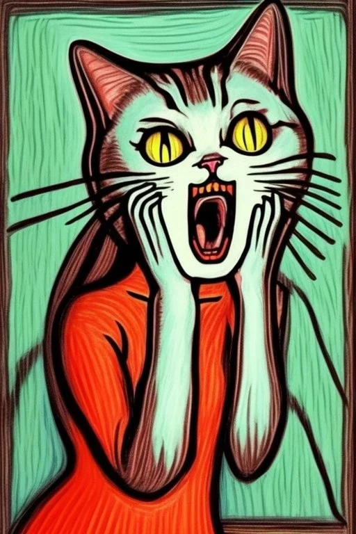 Cat holding her head with her hands. The scream Edvard Munch. Painting style of Edvard Munch