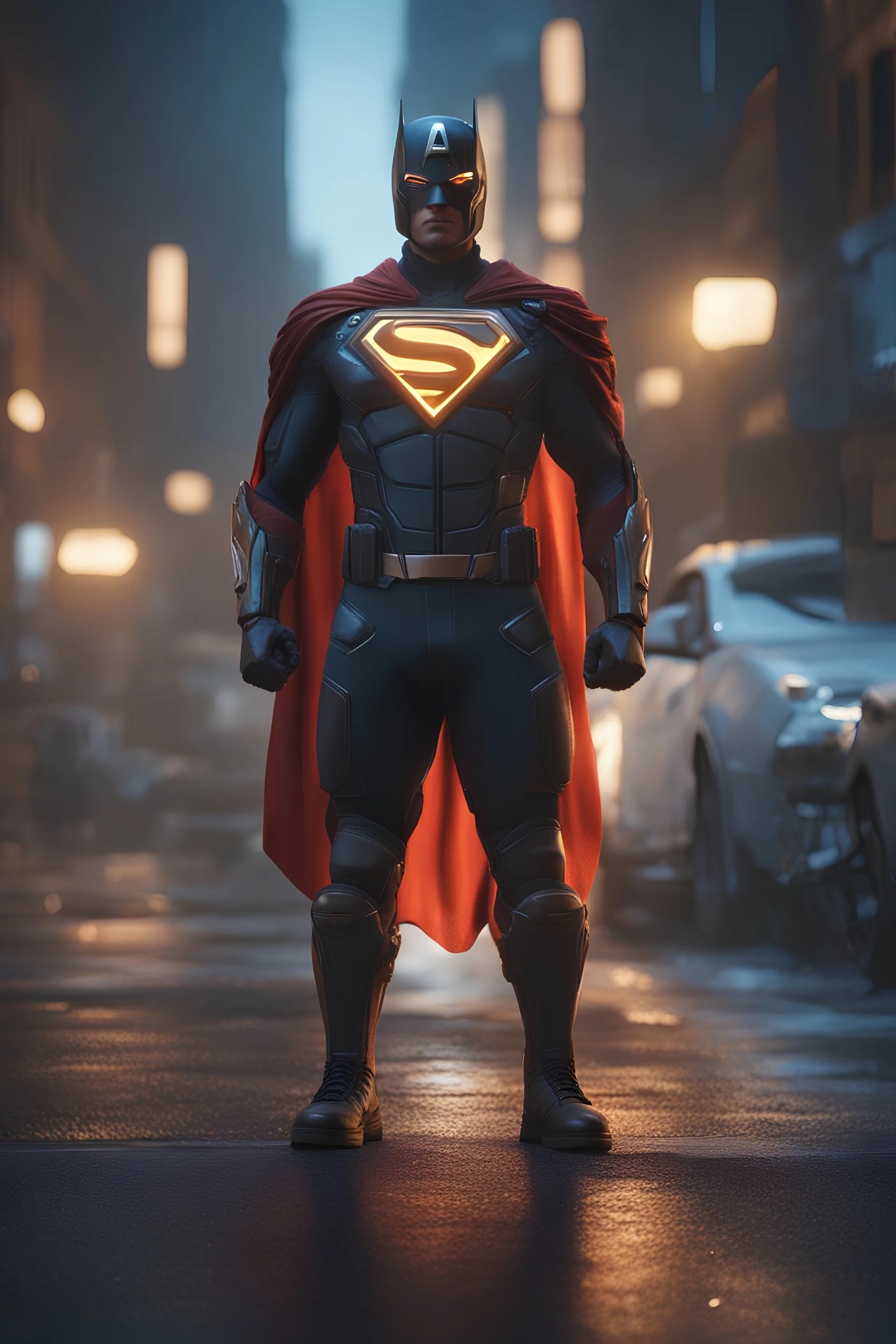 ground level shot, Desktop computer as a superhero with the letter A on his chest, heroic pose in dim lit street, hyperrealism, photorealistic, splash art, concept art, intricately detailed, color depth, dramatic, side light, colorful background, 8k, unreal engine, 3d render, cybernetics, human-machine fusion, dystopian, organic meets artificial, dark, intricate, highly detailed