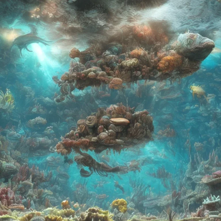 underwater ocean scene, bizarre sea creatures, beams of light streaming through, background of colorful reefs, a highly detailed illustration, realistic render, 8 k, micro detail, intricate, elegant, centered, digital painting, smooth, sharp focus, illustration, artgerm, tomasz alen kopera, peter mohrbacher, donato giancola, joseph christian leyendecker, wlop, boris vallejo