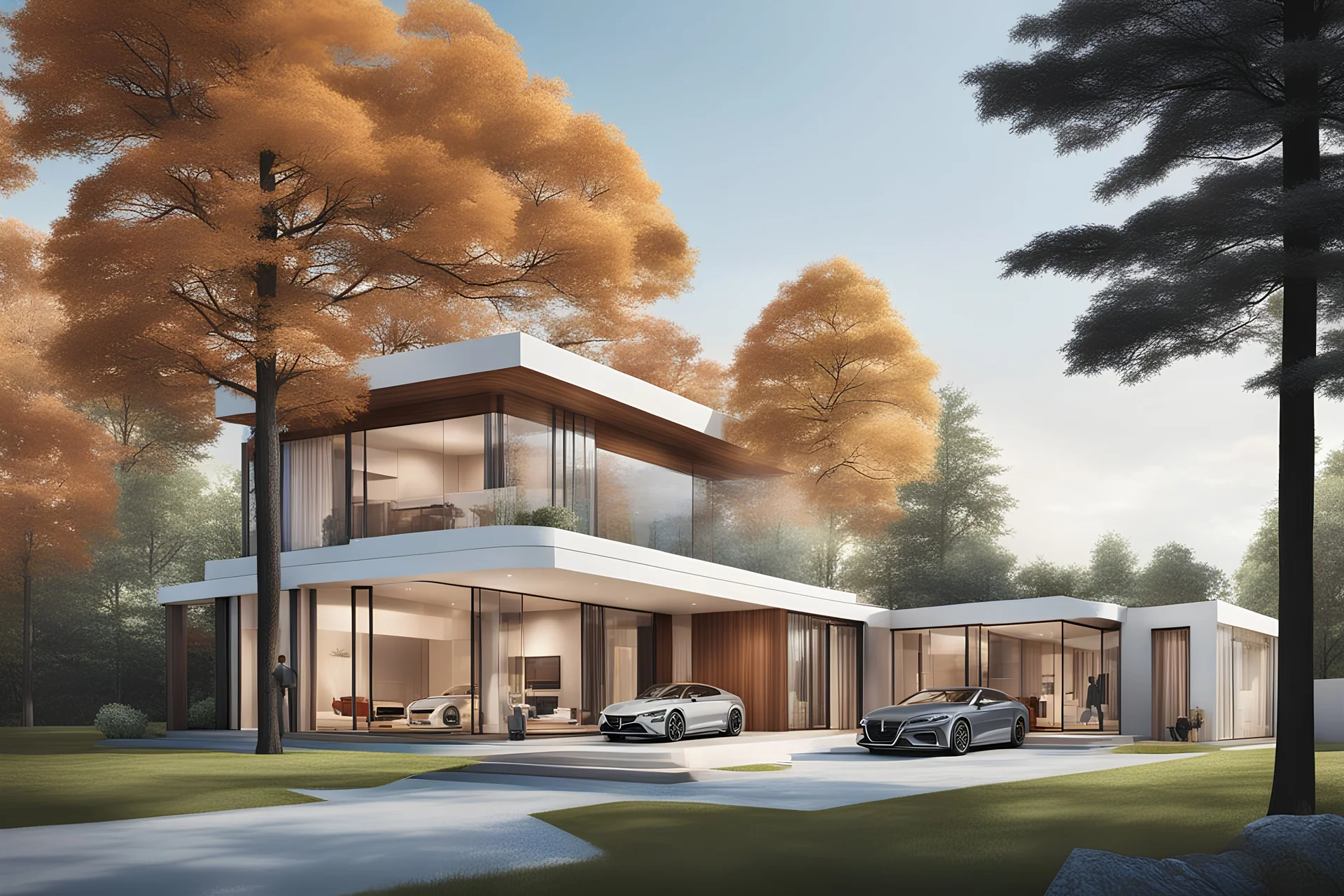 Architectural drawing of a luxurious modern country house, trees, people and cars, complementary colors