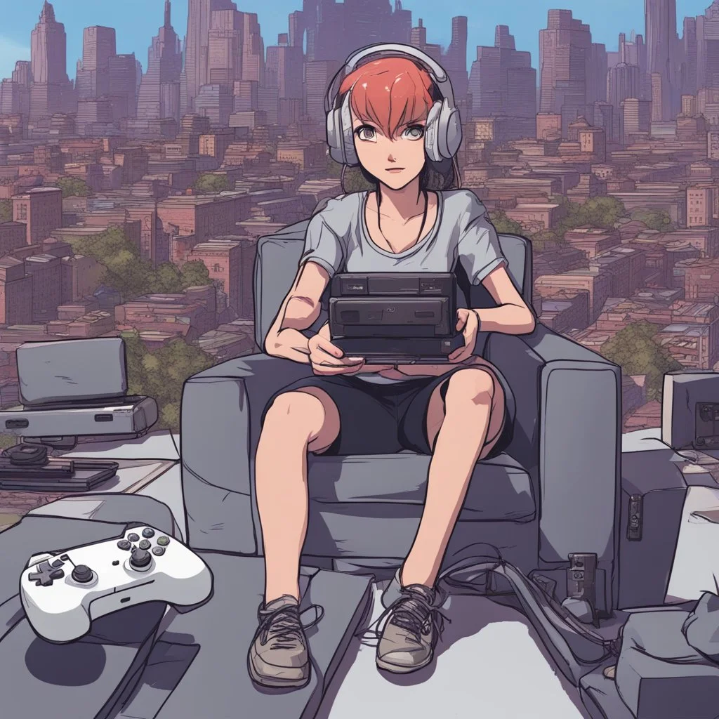 trans playing video games on en enormous gaming set up in a middle of a city