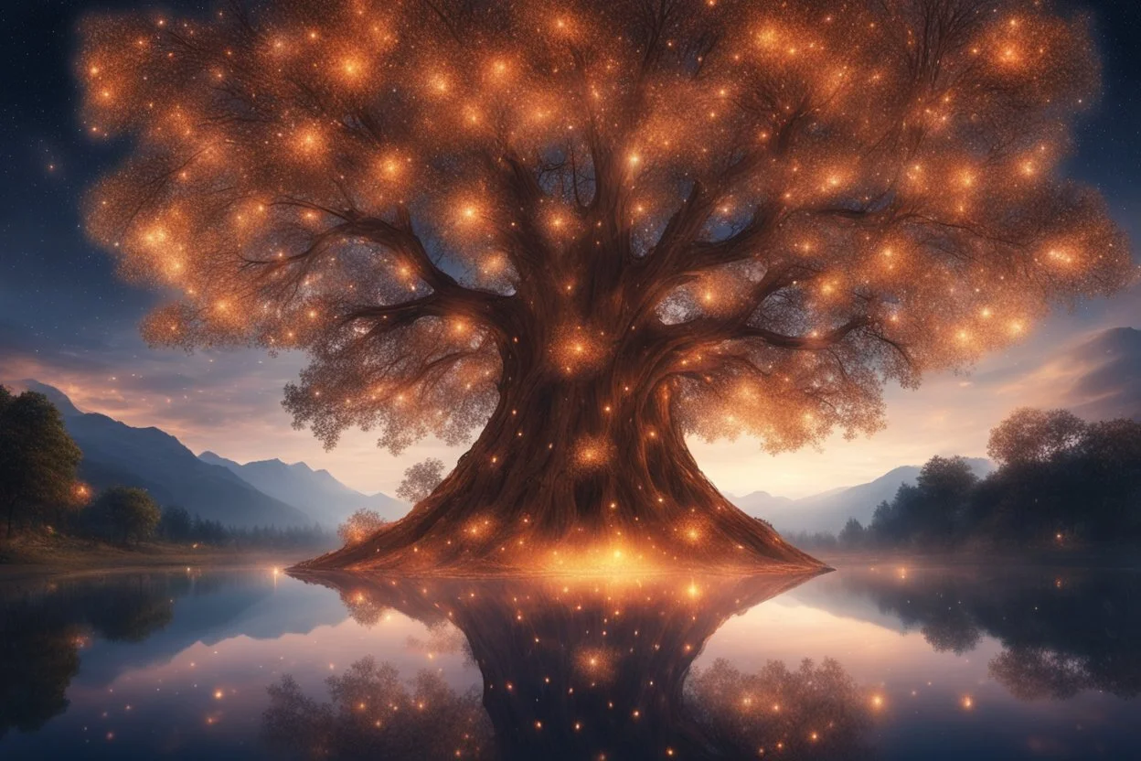 The tree of Heavens, huge tree floating heaven, warm and cozy, people living, firelights, beautiful, Serene, Warm place