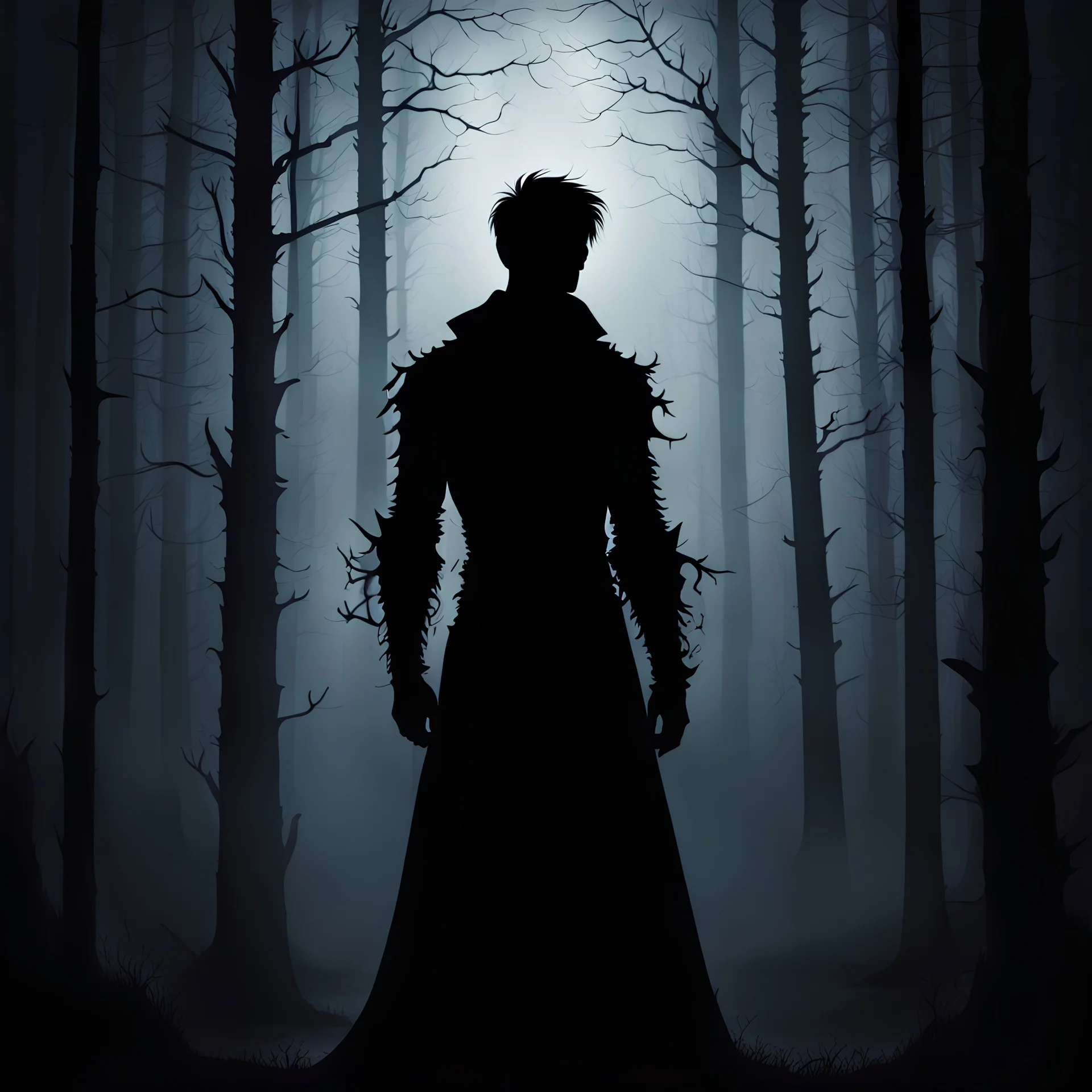 male silhouette in a forest, dark, gothic, darkness