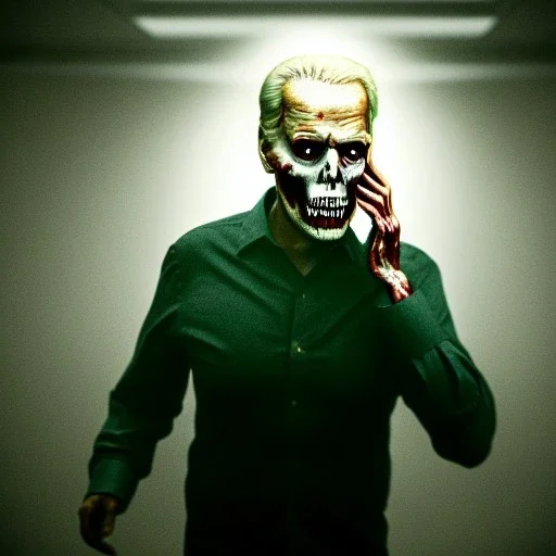 Ultra realistic image, joe biden zombie, zombie performance, skull, grey glow eyes. green blood, torn arm, night, walking twisted, waist up view, thriller style, dark ambient, highly detailed, White House background, concept art, unreal engine 5, god rays, ray tracing, RTX, lumen lighting, ultra detail, volumetric lighting, 3d, finely drawn, high definition, high resolution.