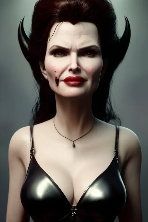 Geena Davis as evil queen in black leather, leather, busty, cleavage, angry, rage, stern look. character design by cory loftis, fenghua zhong, ryohei hase, ismail inceoglu and ruan jia. unreal engine 5, artistic lighting, highly detailed, photorealistic, fantasy