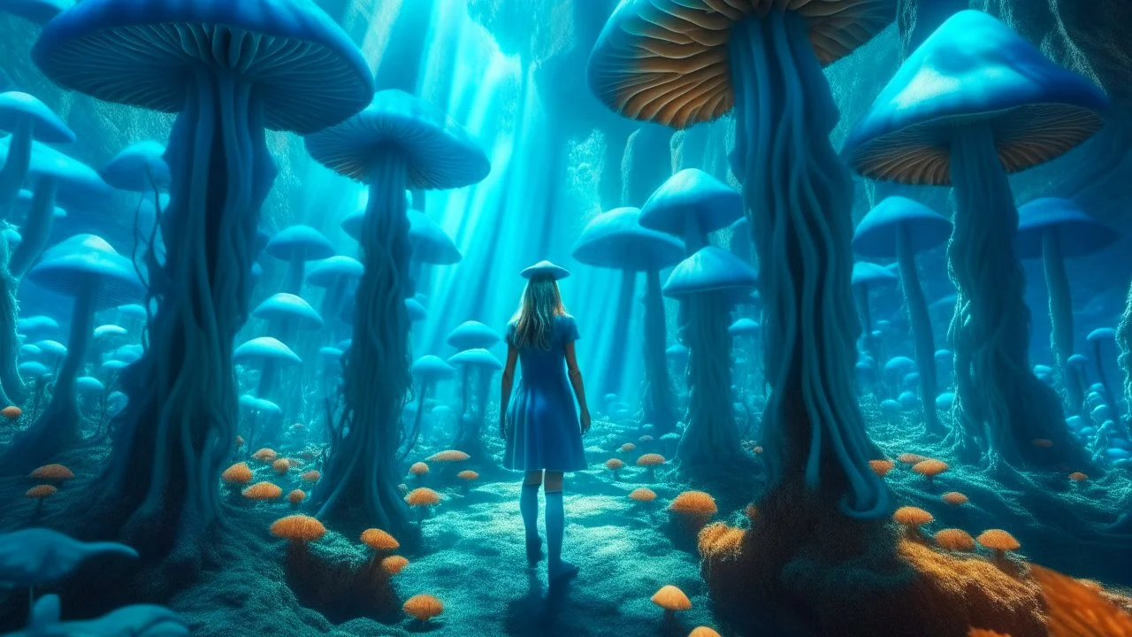 woman walking through Alien mushrooms with jellyfish tentacles, floating through an alien forest, in a huge cave, floor covered in mushrooms, photorealistic, Deep Colour, Intricate Detail, sunshine, blue sky