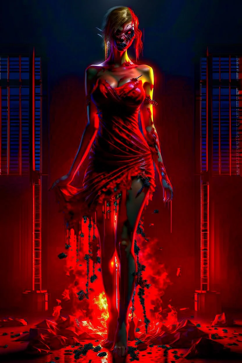 12k ultra-high-definition rendering of a zombie model in a photo studio ,The zombie, adorned in a red ripped tight dress, ripped sideways from top to bottom, long slit, shoes are fashionable platforms, big gun on side thigh, exudes a sinister aura under the studio's dark and mysterious lighting