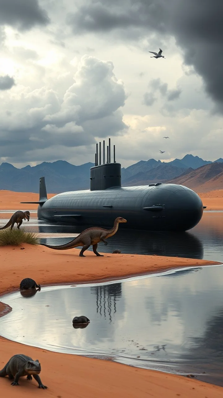 A nuclear submarine side view appeared in the desert on a little lake with sands T rex dinosaurs are in it and around it and stormy clouds , and some mountains in the distance background