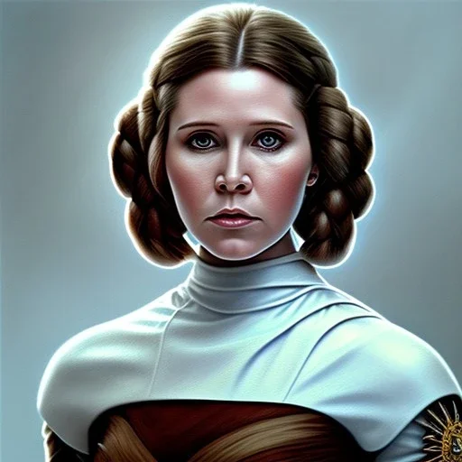 square framed complete and ultra realistic detailed head to waist portrait of young carrie fisher as Princess Leia with realistic hairstyle by Mandy Jurgens and mucha and Richard Schmid and chuck close and chie yoshii, extraordinary and detailed ceremony dress of star wars,brown eyes