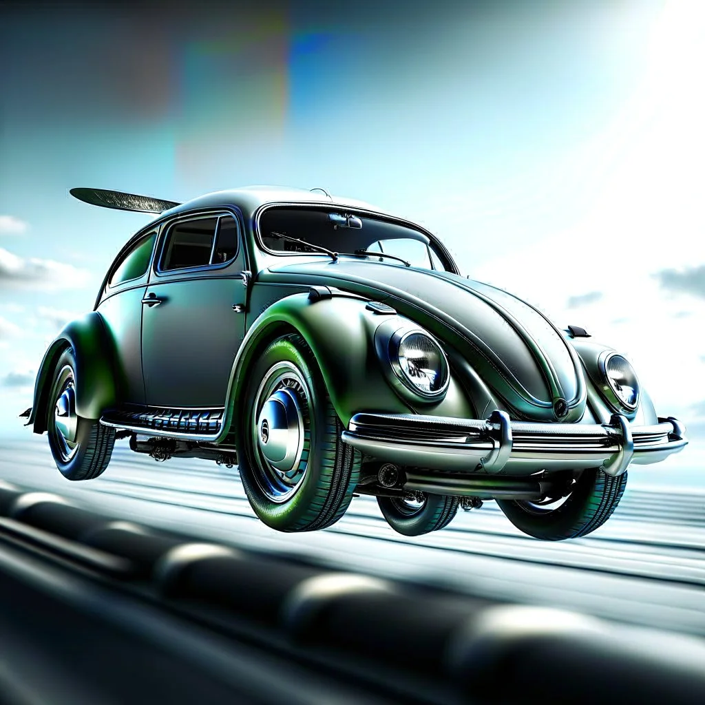 jet-fighter vw-beetle genetically spliced, retrofuturistic, phototrealism, in flight, one subject,