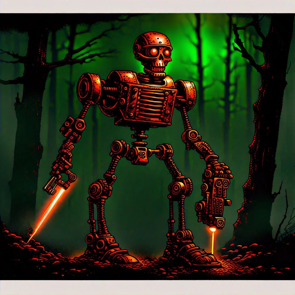 90's TCG art retro fantasy art of rusted skeleton robot with laser gun