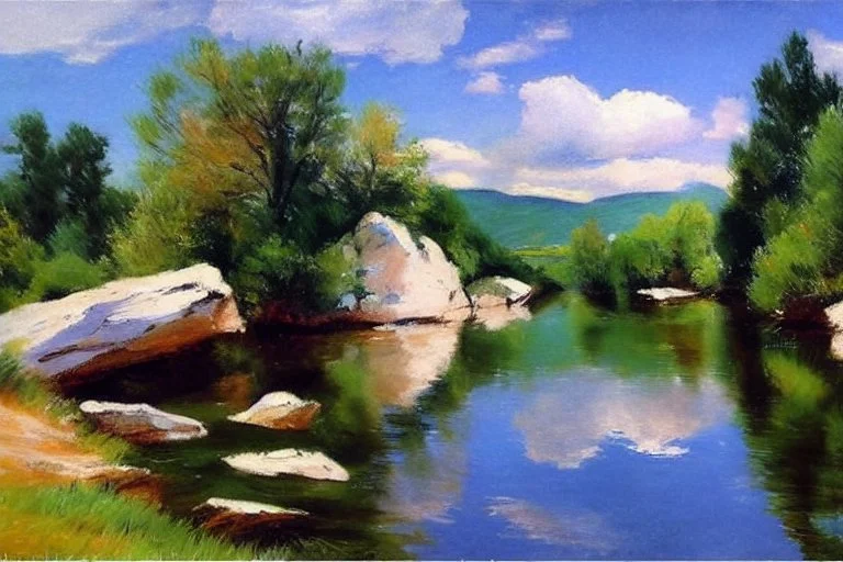 Sunny day, clouds, rocks, river, water reflections, vegetations, trees, distant trees, distant mountains, lesser ury impressionism painting