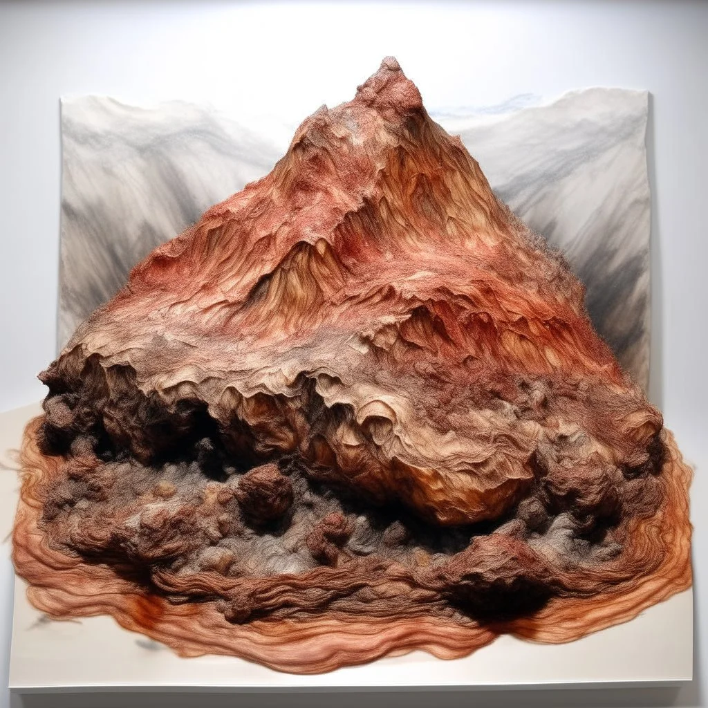 A brown mountain made out of salty cooked meat painted by Zhang Lu