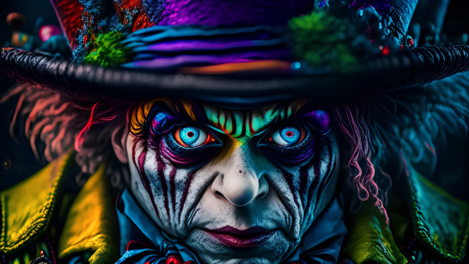 The mad hatter with extremely detailed bulging eyes and a hed bigger than his body, bright vibrant colors, intricate details, HDR, beautifully shot, hyperrealistic, sharp focus, 64 megapixels, perfect composition, high contrast, cinematic, atmospheric, moody,