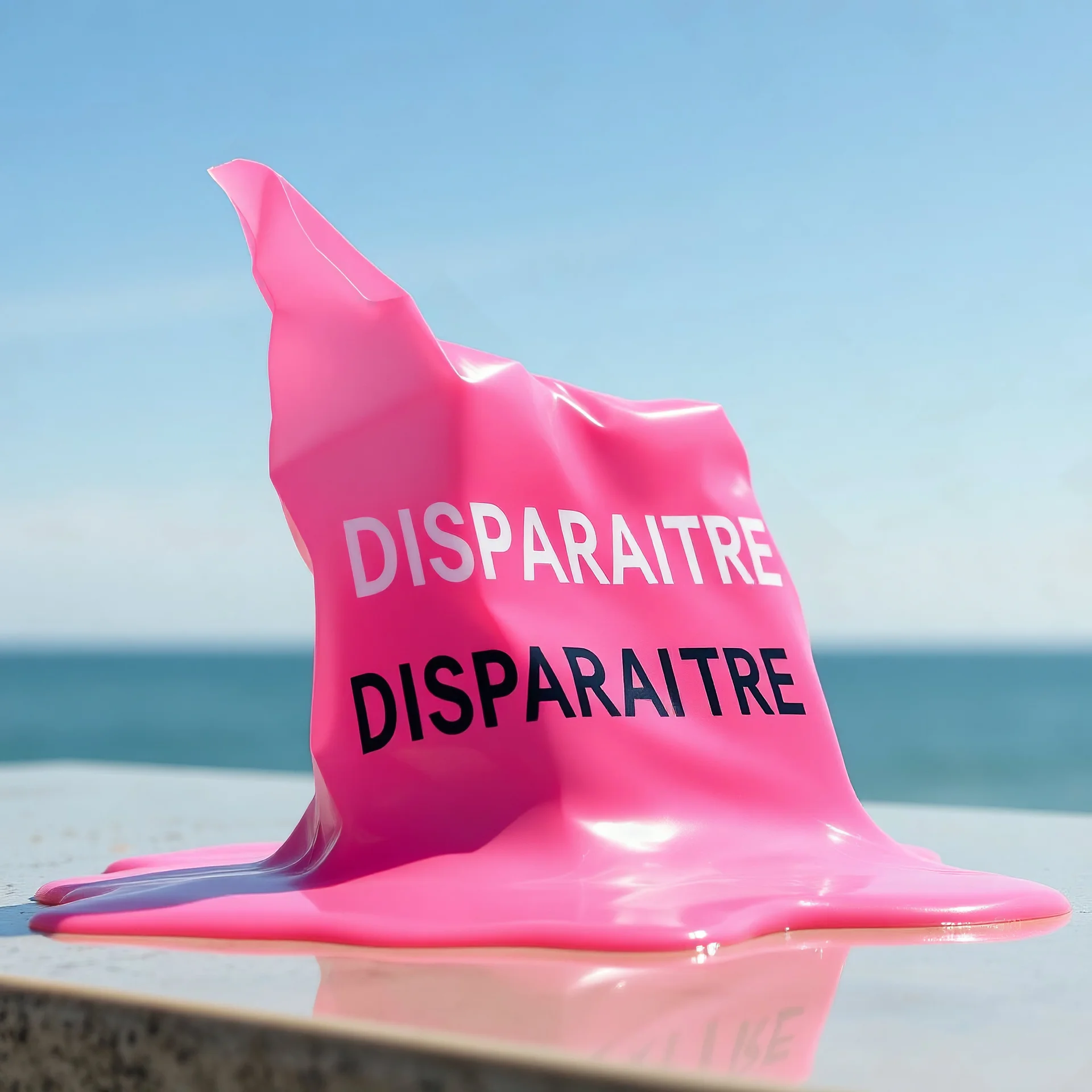 plastique rose qui fond au soleil, avec le mot français "DISPARAITRE"