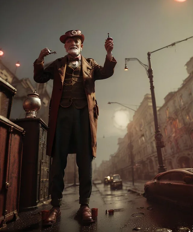 Surreal, steampunk, cabaret scene. Russian old man. Sweat, rain, smoking, happy, hot, people background, highly detailed, concept art, unreal engine 5, god rays, ray tracing, RTX, lumen lighting, ultra detail, volumetric lighting, 3d, finely drawn, high definition, high resolution.