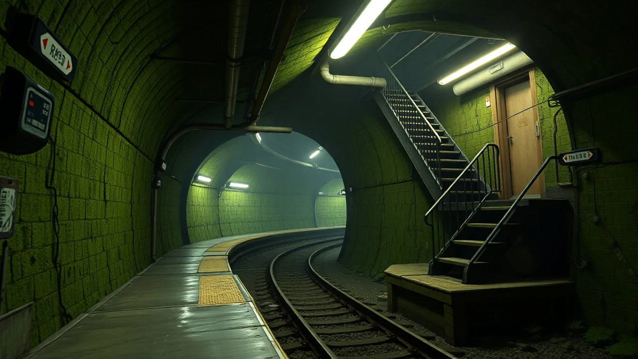 GAME CONCEPT ART .two poin perspective.Station platform and stairs from side .photograph inside of hole .very big ambient.gient station.Inside the old subway tracks, . Low light and closed green moss walls. Like the original design of the game space ,digital art.landscape,far camera old painting,2 Chen and George Hopper, Rembrandt lighting, a dark green color scheme, . --ar 13:16 --v 6. 0 metro game