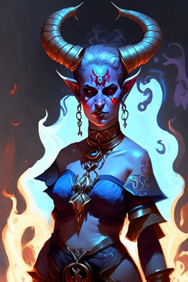 A full body image of this tiefling woman she has fire powers, she is floating she has lots of jewelry and the horns of a ram