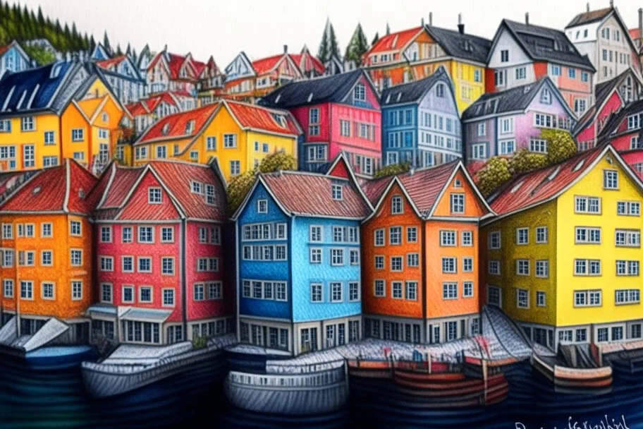 Colored pencil drawing, Very detailed, Drawing of the colorfull houses in the city Bergen in Norway. Colorfull, professional, detailed, pencil strokes, calm composition, zoom out, very detailed and realistic