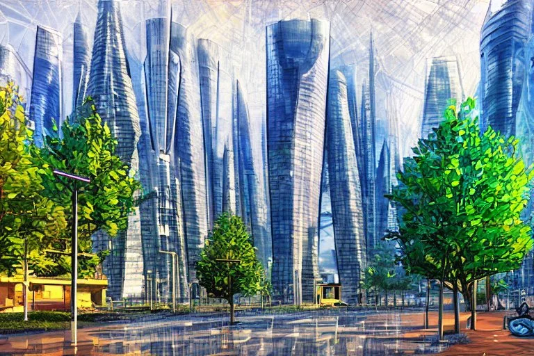 Futuristic buildings near tree zone, cyberpunk influence, impressionism painting