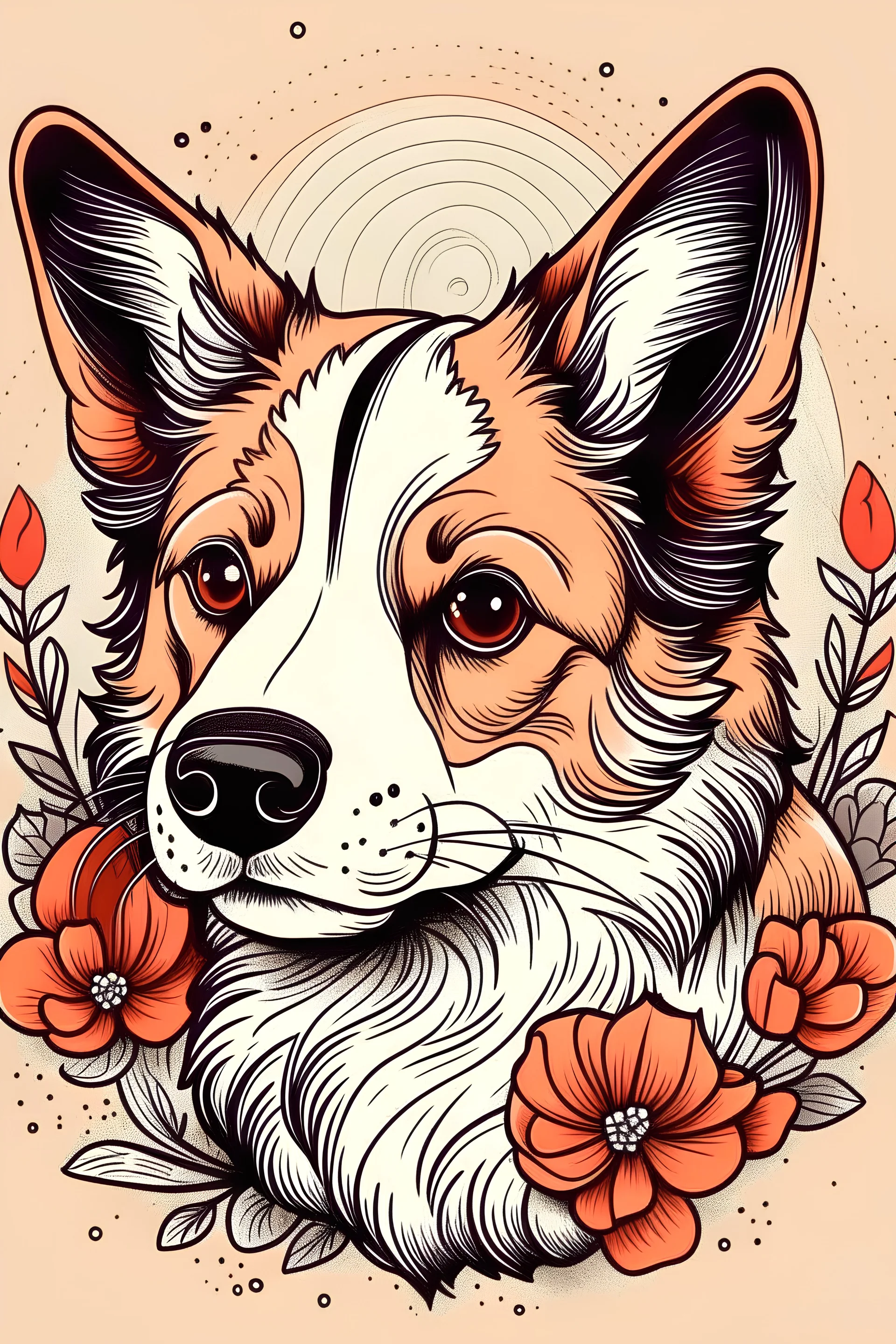 A corgi drawn in an illustrative tattoo style