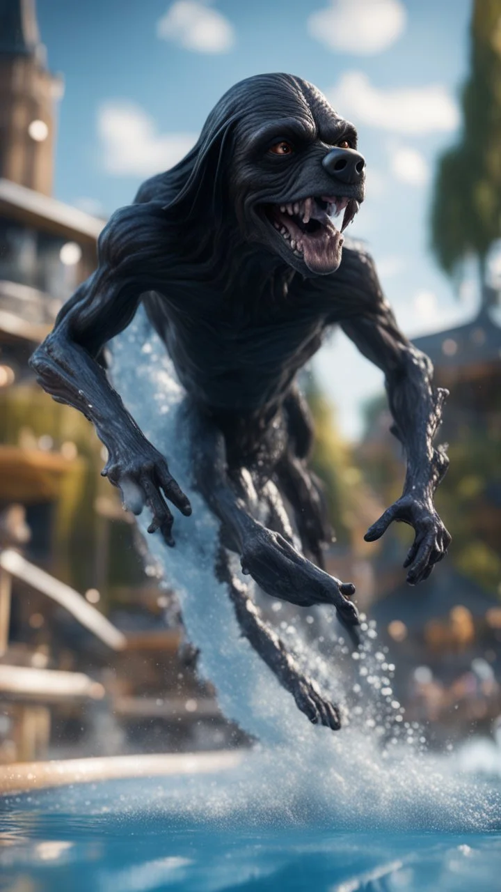 naked dementor petting his soap star dog in a big jump water slide,bokeh like f/0.8, tilt-shift lens 8k, high detail, smooth render, down-light, unreal engine, prize winning