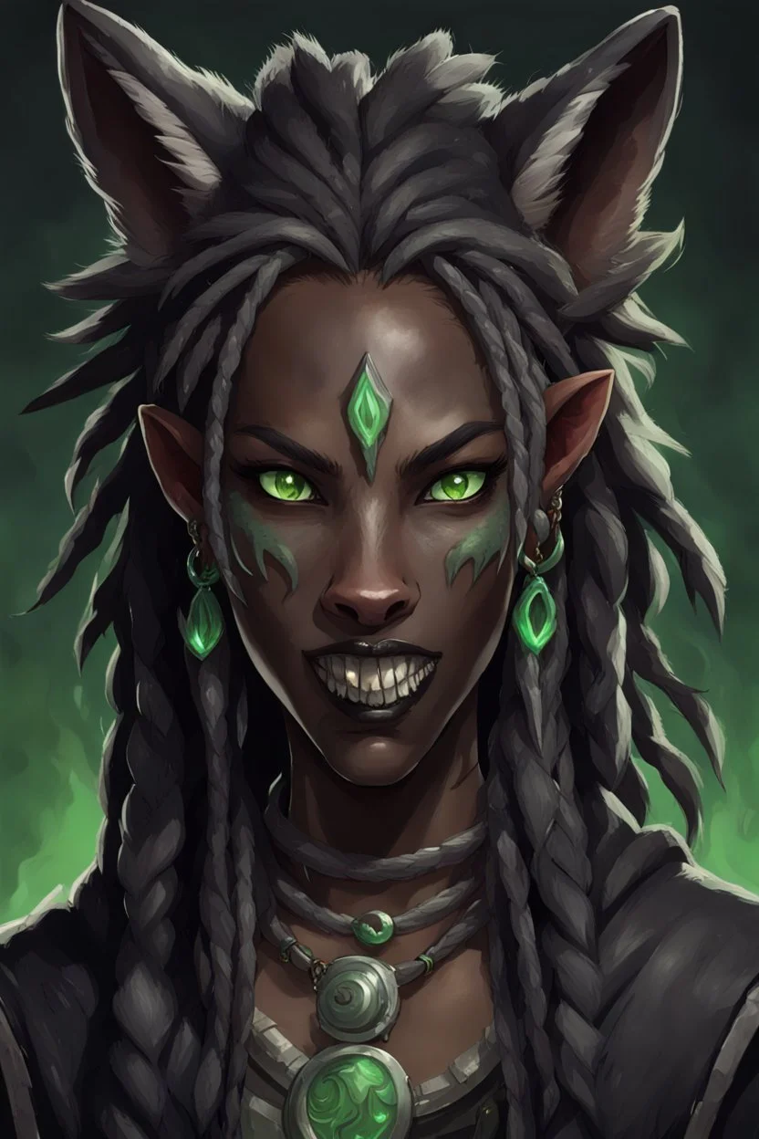 generate a dungeons and dragons character portrait of a female wolf-human hybrid with black skin, dreadlocks, green piercing eyes, fangs and a thick nose. She is wearing black clothes and has tusks