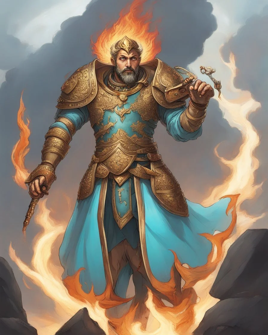 An iranian commander with flaming eyes with flaming light blue pupils with stubble An armor made of a mixture of steel and leather, worn by a strong commander with magical power stands atop a squire